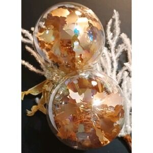 Pair Of Frontgate Clear Glass‎ Gold Round Christmas Ornaments 4.5" Tinsel Decor